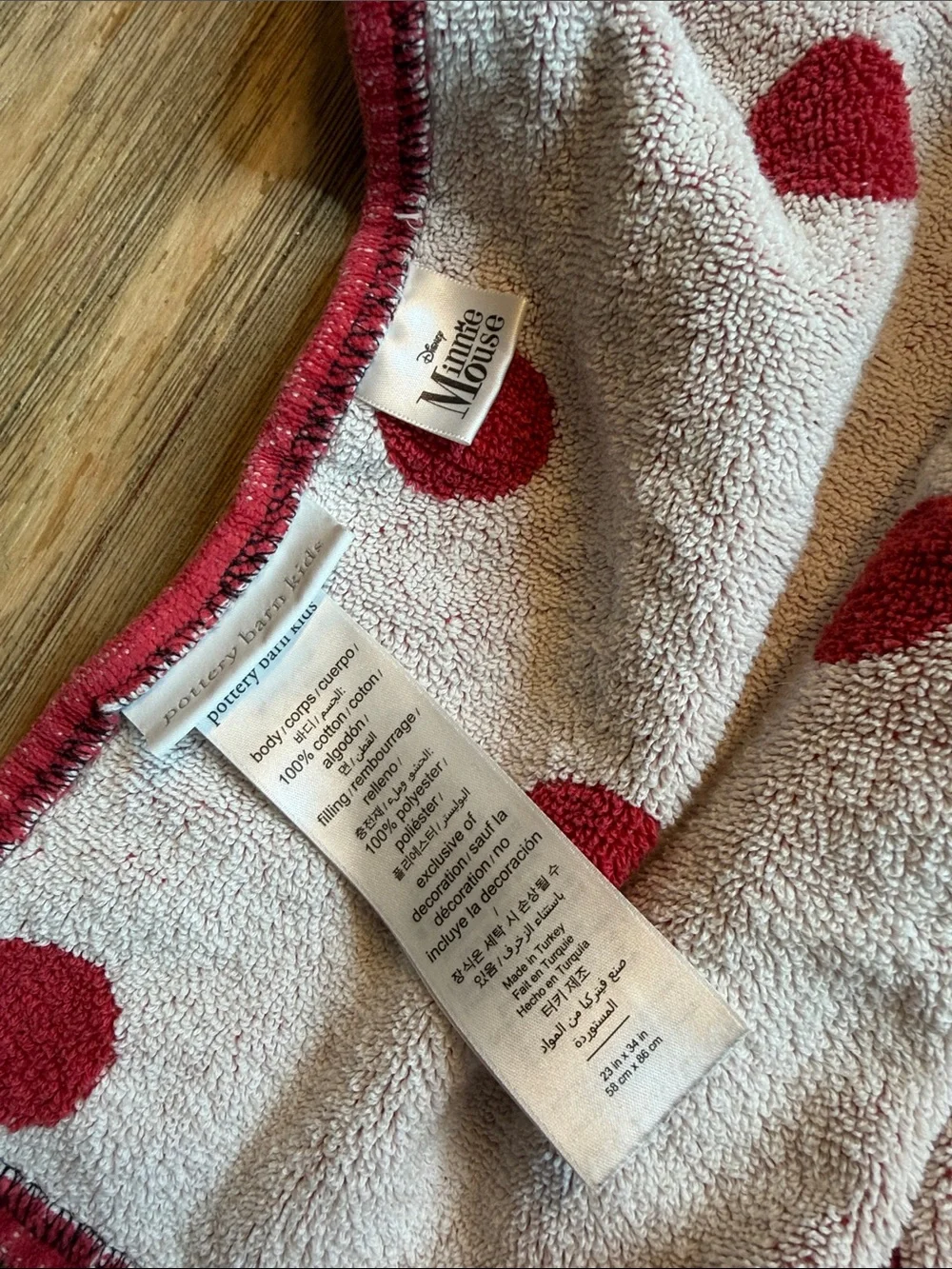 Pottery Barn Kids Minnie Mouse Polka Dot Hooded One-Piece Towel with Bow